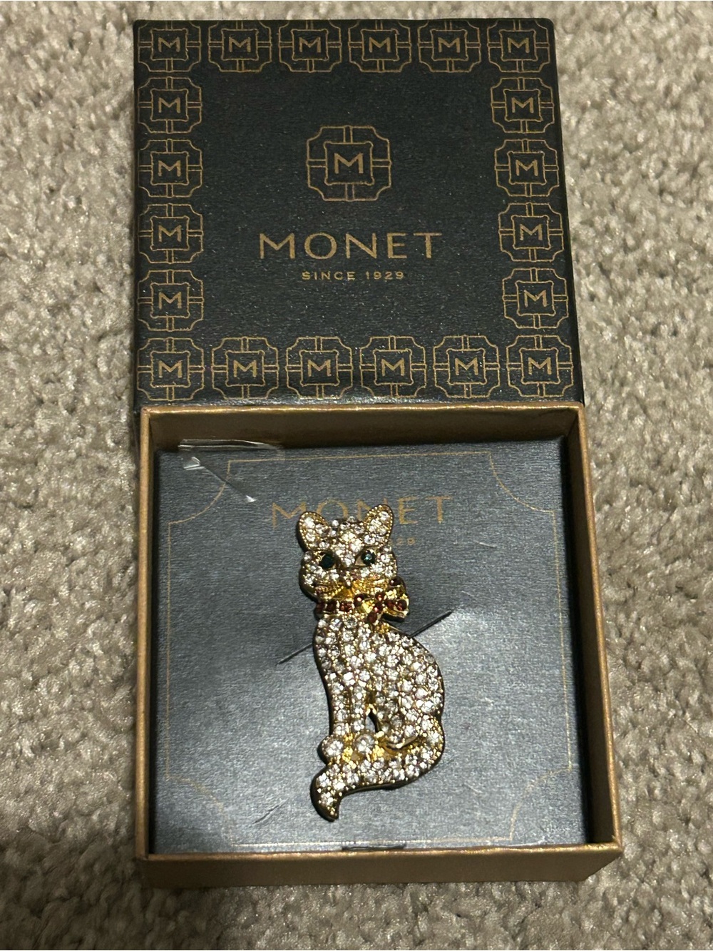 Monet Gold-tone Cat Brooch with Clear Crystals